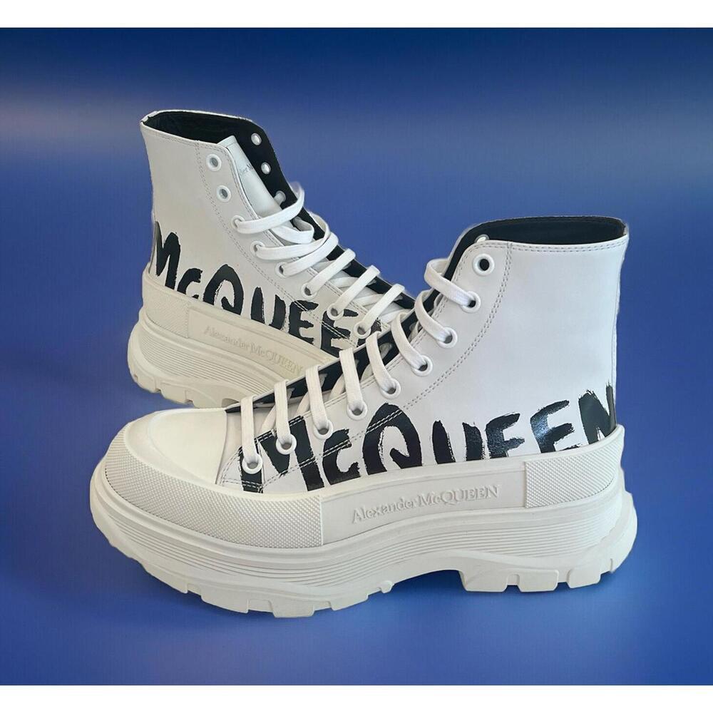 $790 Alexander McQueen ,Treadslick Nappa Joey High Top Sneakers White/Black 44